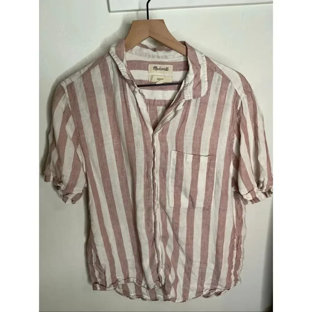 Madewell Easy Fit Button Down | Pink and White in Small